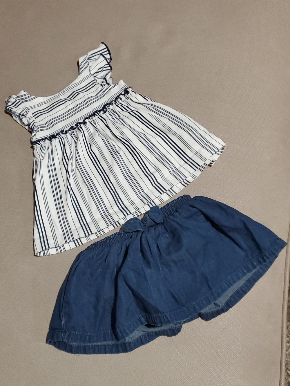 Girls Navy Blue Denim Skirt and White Navy Striped Top Set